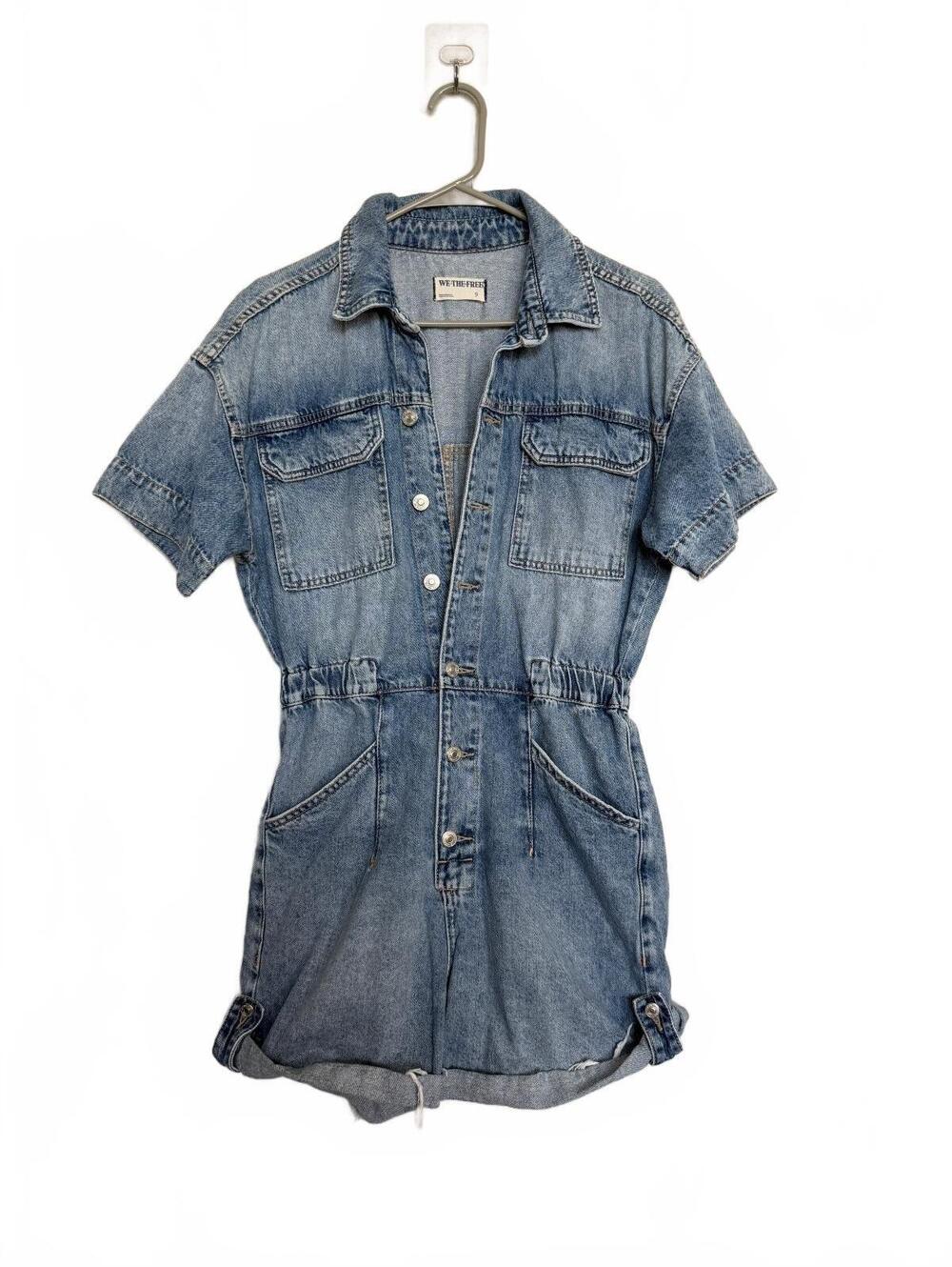 WE THE FREE Denim Short Sleeve Button Front Romper with Elastic Waist, Size S